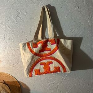 Tory Burch Neon Logo Canvas Tote Bag